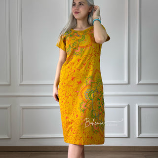 Rövid ujjú mandalás pamut ruha - Sárga