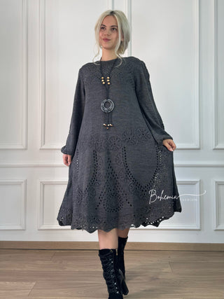 Kötött gyapjúkeverék midi ruha ballon ujjakkal