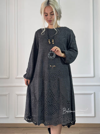 Kötött gyapjúkeverék midi ruha ballon ujjakkal