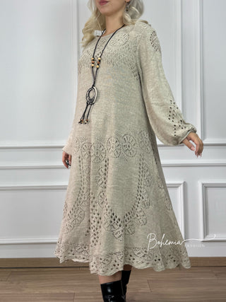 Kötött gyapjúkeverék midi ruha ballon ujjakkal