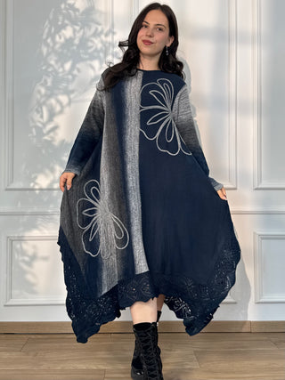 Rochie din amestec de lână tricotată, cu ornament floral