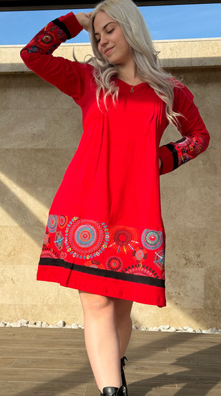 Mandala szegélyes ruha - Piros