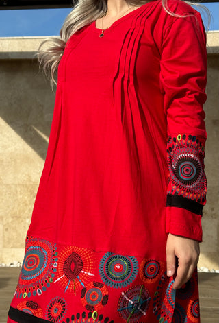 Mandala szegélyes ruha - Piros