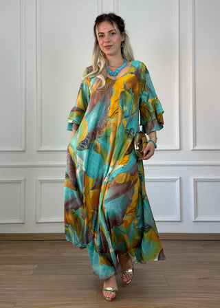 A-vonalú, fodros ujjú ruha