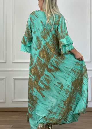 A-vonalú, fodros ujjú ruha