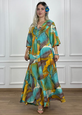 V-nyakú hosszú ruha